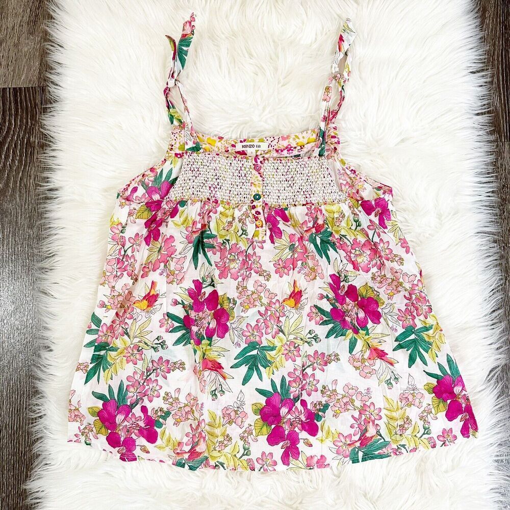 KENZO Kids Girls Floral Tank‎ Size Small Tie Sleeve Feminine Cotton Bird Print